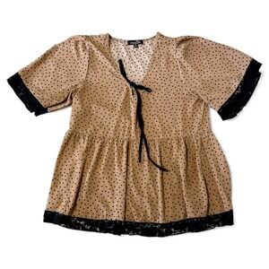 SUZANNE‎ BETRO Women's Medium Polka Dot Tie Neck Peplum Top Black Lace Trim